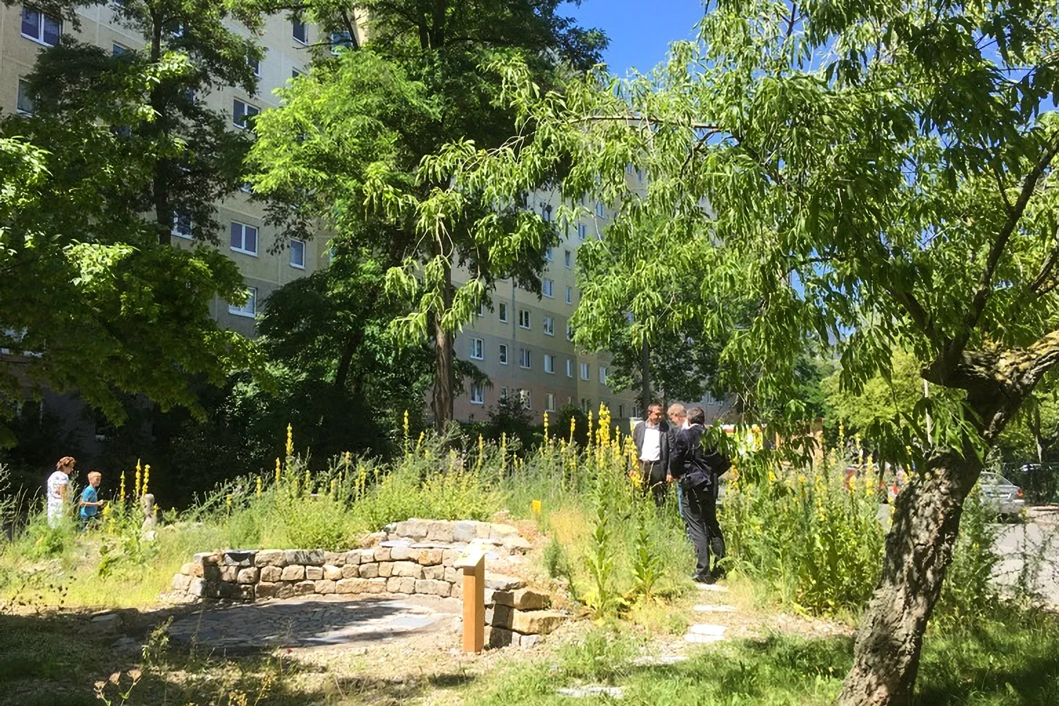Blick auf den Kalkschotterhügel im PikoPark Erfurt. Der Hügel ist eingefasst durch eine Trockenmauer, die als Sitzgelegenheit dient. Auf dem Hügel stehen 3 Männer im Anzug. Weiter hinten sind eine Frau und ein Kind zu sehen, die sich die Blumen anschauen