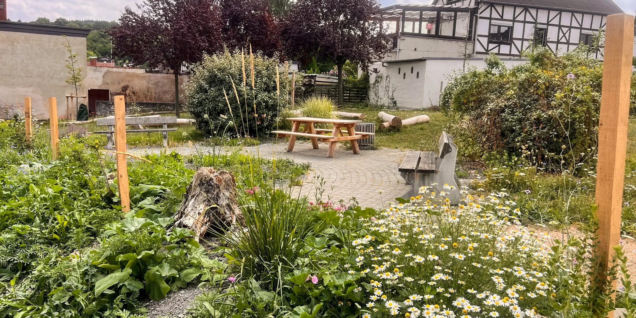 Ausschnitt aus dem PikoPark Sinzig mit 2 Bänken und Picknicktisch an blühenden Beeten. Im Hintergrund Baumstämme zum Balancieren