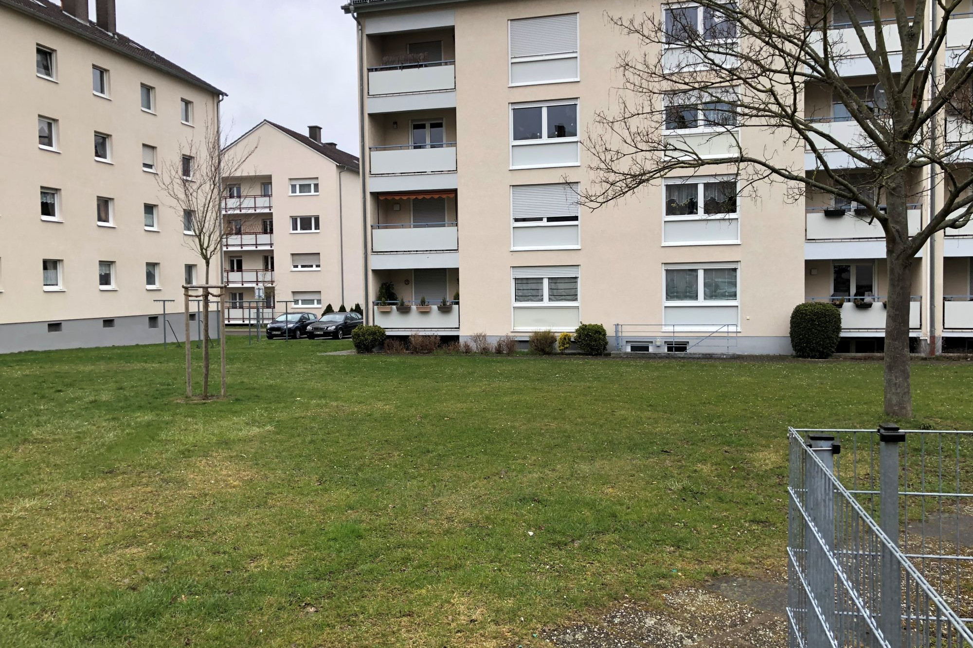 Schurrasenfläche mit zwei kleinen Bäumen. Im Vordergrund ein Metallgitterzaun. Im Hintergrund 2 Wohnriegel. Grauer Himmel
