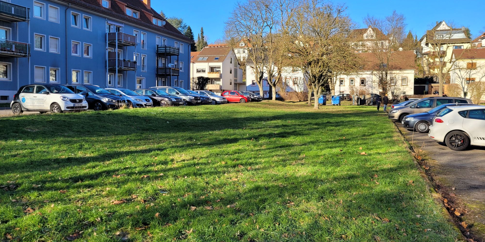 Blick auf grüne Grasfläche eingerahmt von parkenden Autos und Wohnriegel